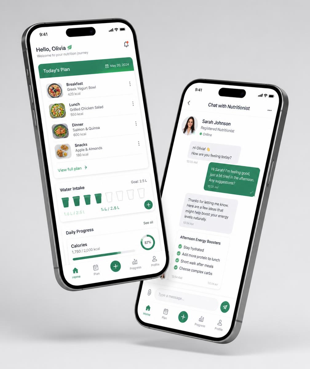 Aplicativo do paciente TalkNutri mostrando plano alimentar, registro de água e chat com a nutricionista
